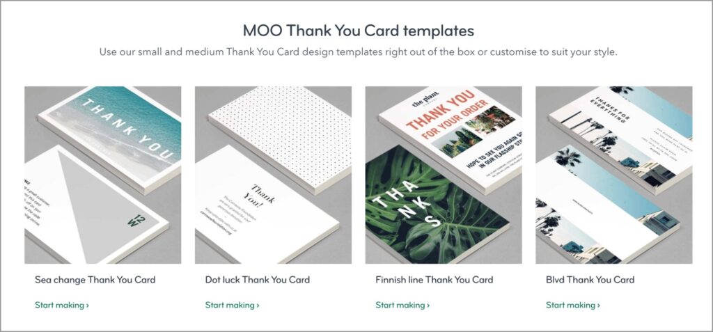 A selection of thank you card templates from moo.com