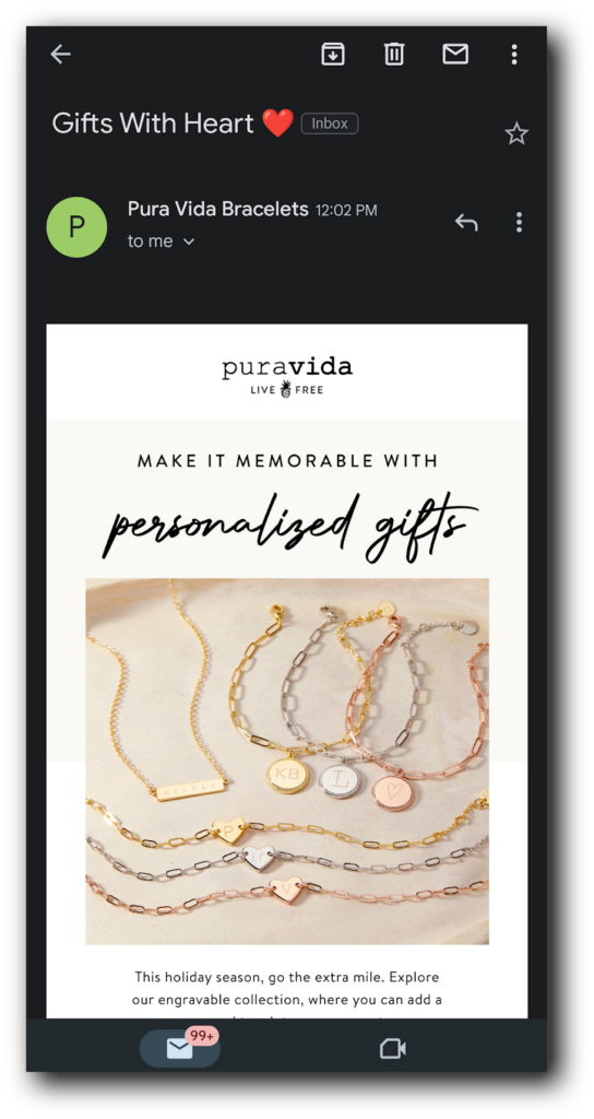 An example email from Pura Vida Bracelets