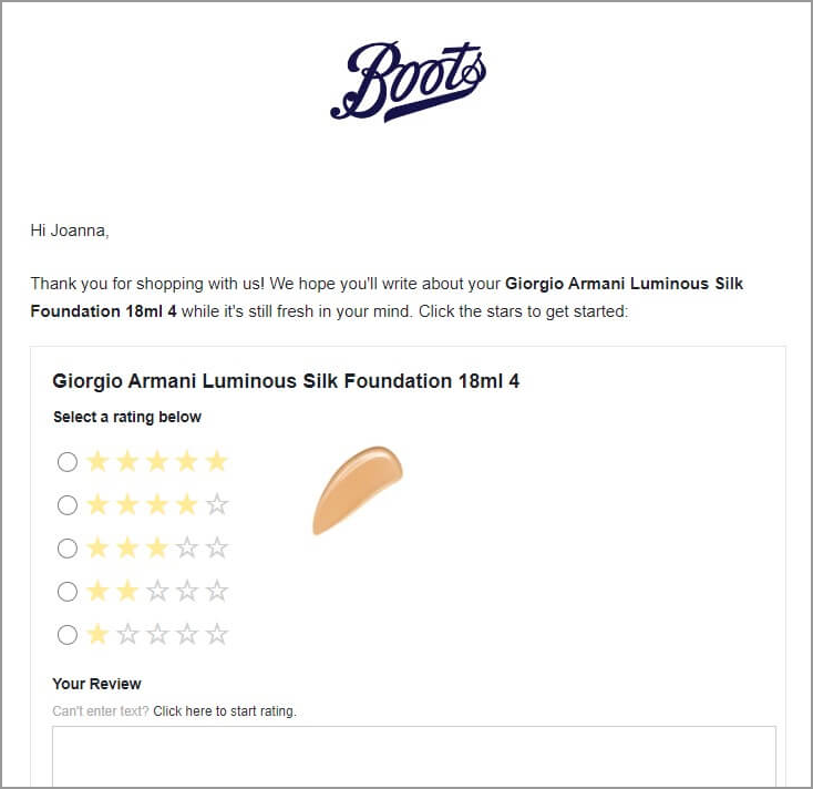 Email from Boots thanking customer for their purchase and asking for a review