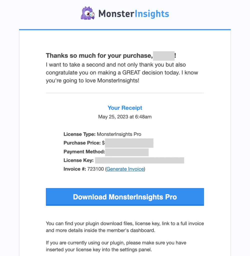 Monster Insight's email thanking customer for their purchase and inviting them to download the plugin