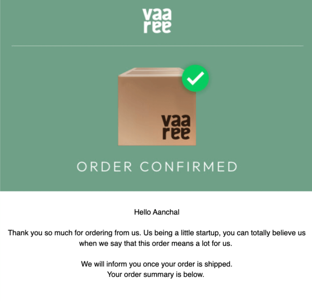 Order confirmation email from Vaaree that thanks the customer for their order and provides an order summary