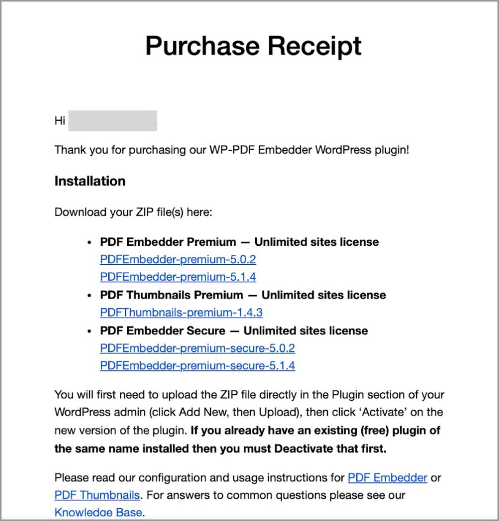 Purchase receipt from WPBeginner thanking customer for their order