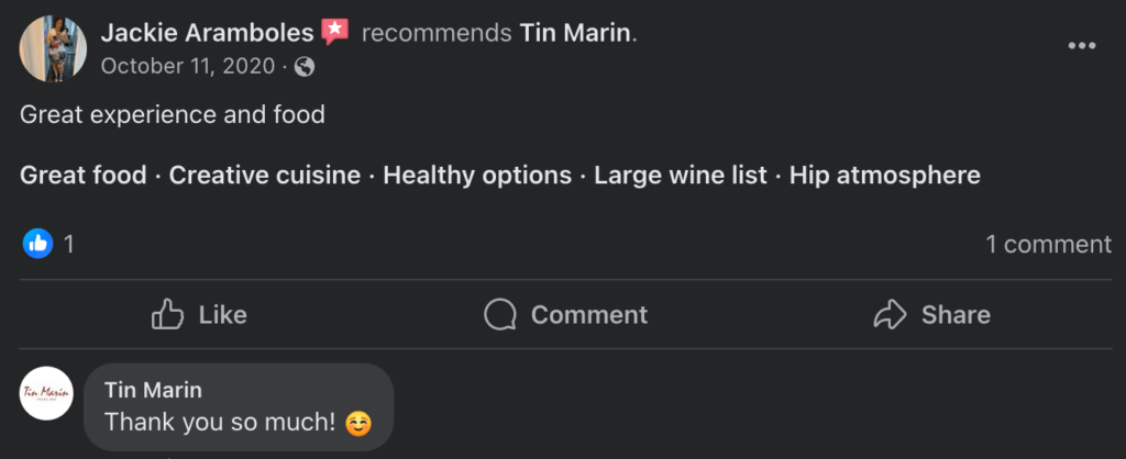 Tin Martin's thank you message in response to a customer review