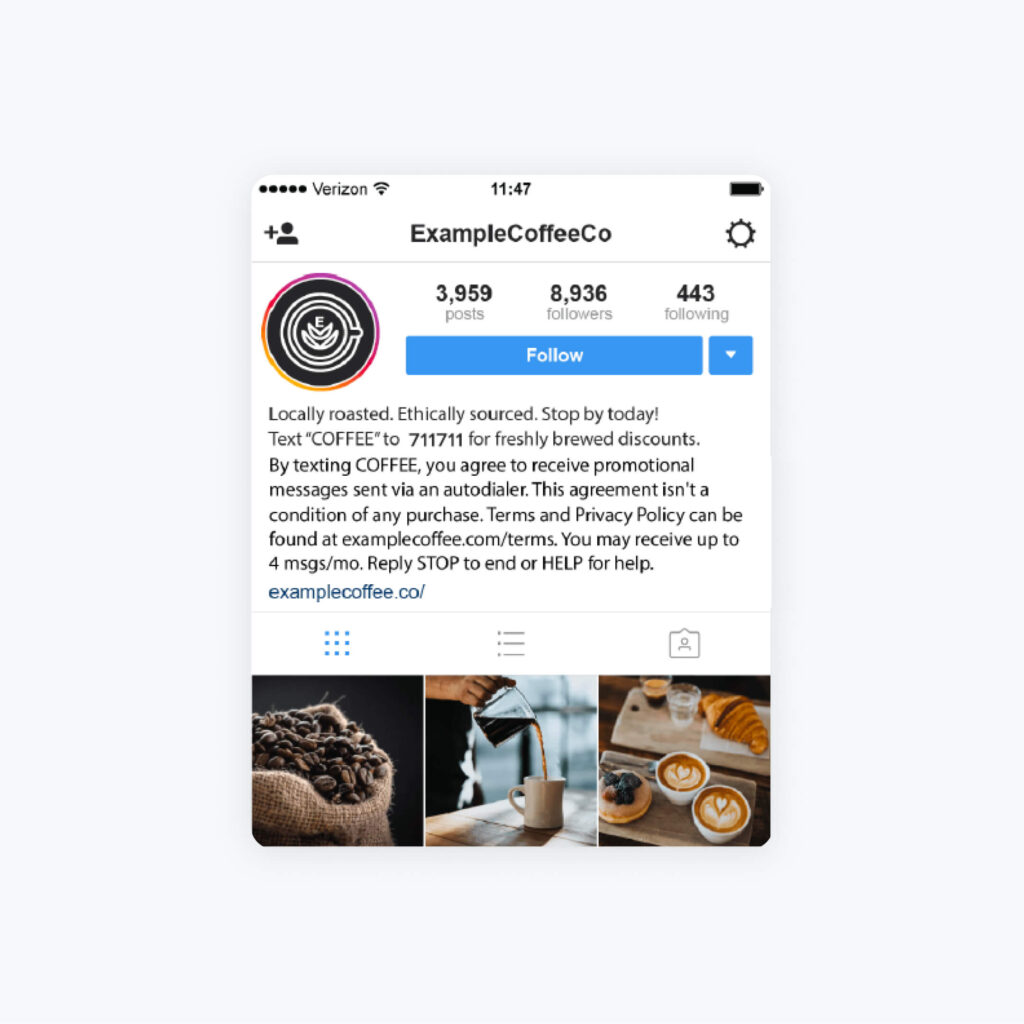 Instagram account of an example coffee company that includes an invite to join their SMS list, along with a compliant disclaimer, in the bio