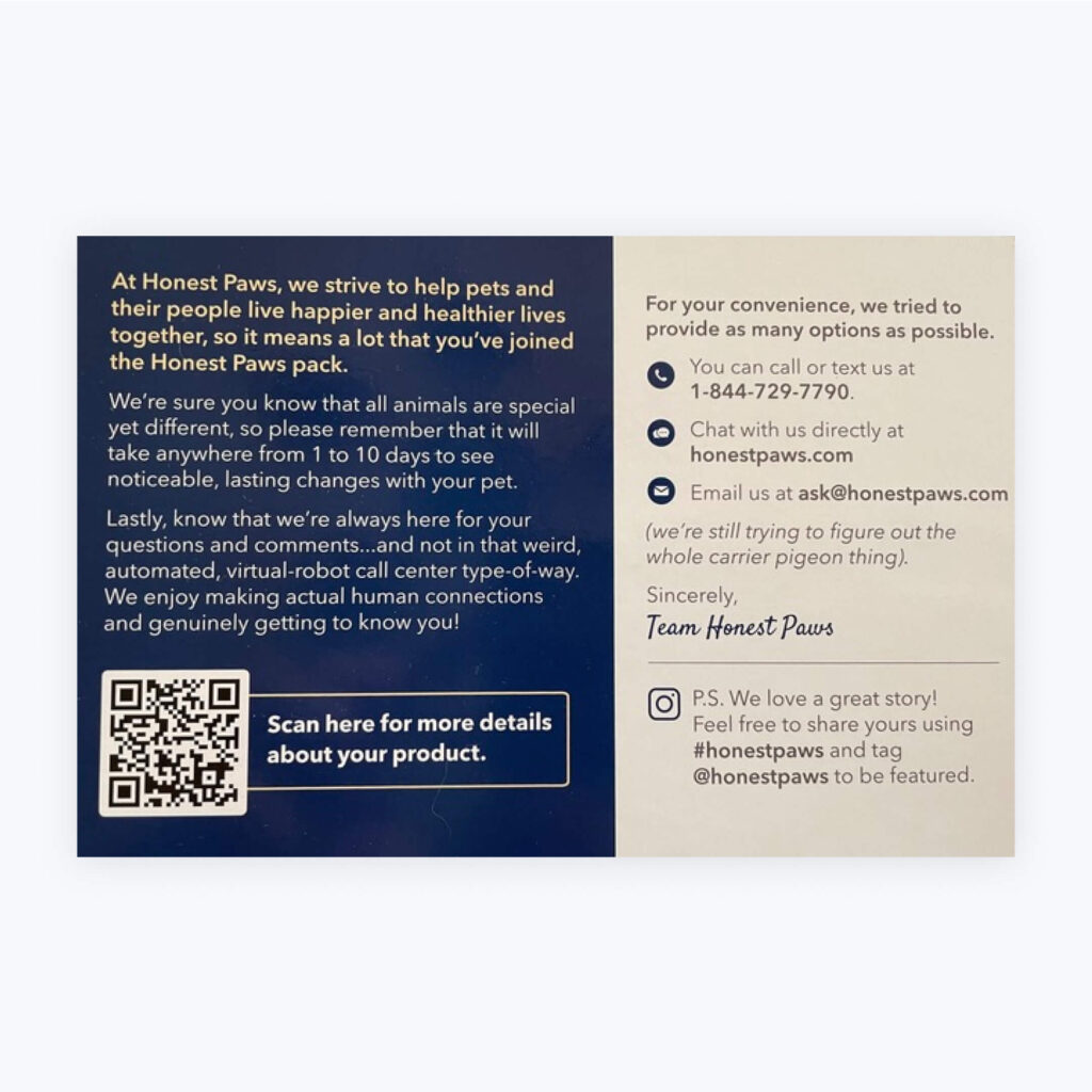 A card inside an Honest Paws package offers text message support.