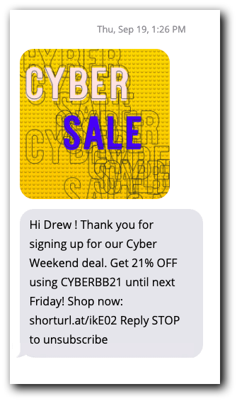A welcome text with a coupon
