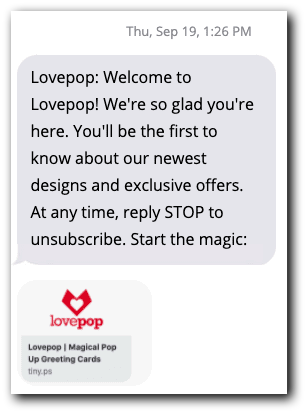 A welcome text from LovePop