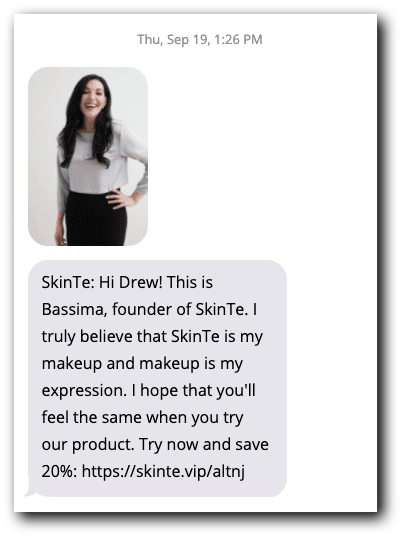 A personalized welcome text from SkinTe's CEO