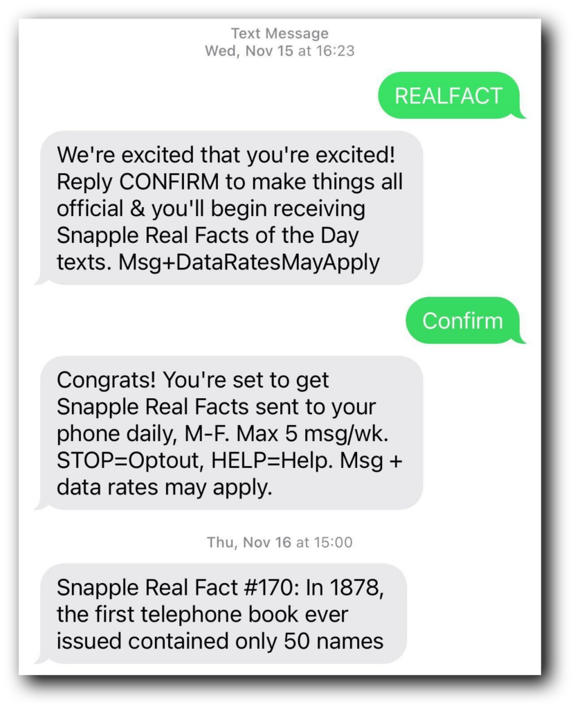Snapple's welcome text to new contacts