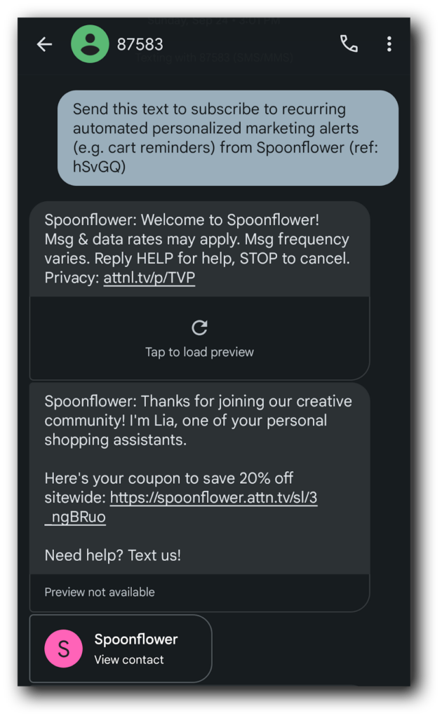 A welcome text from Spoonflower with a contact card