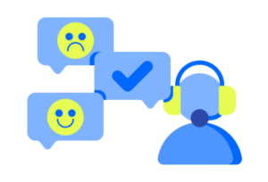 An illustration of a customer support representative icon with a headset, flanked by message bubbles—one with a sad face, one with a check mark, and one with a happy face—representing successful bulk SMS support interactions.