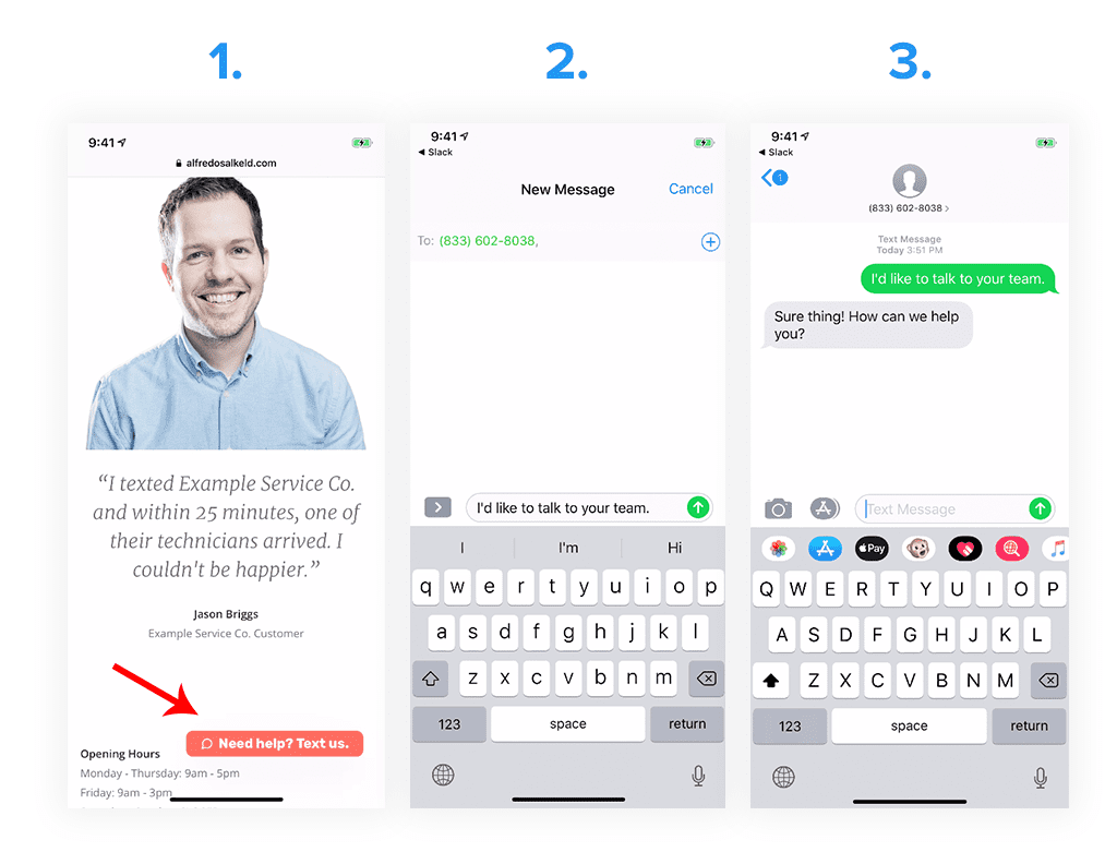 A click-to-text button that opens a customer support conversation