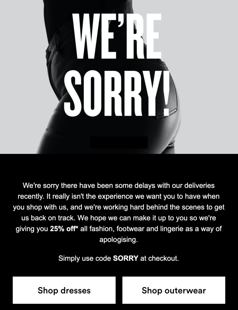 An apology notice from a brand