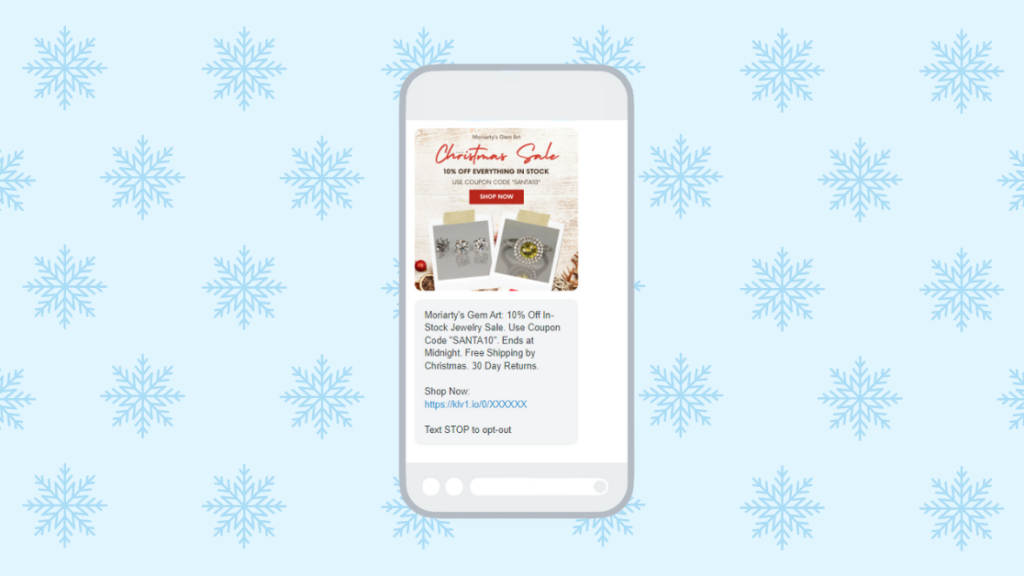 screenshot of online jewelry store text message holiday campaign