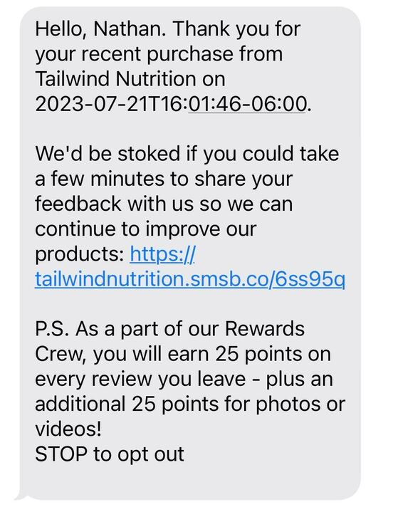 Text message from Tailwind Nutrition thanking customer for their purchase