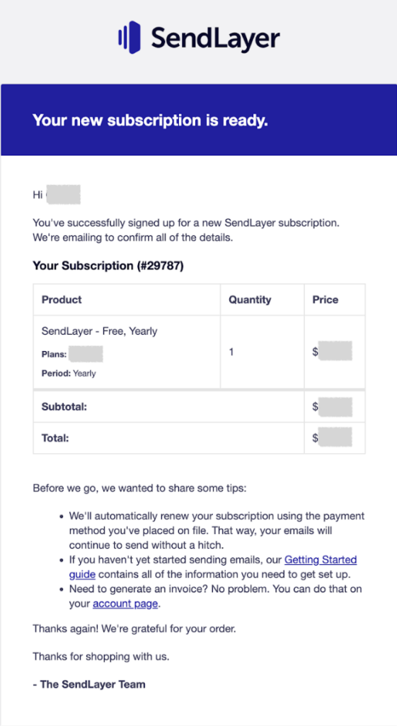 SendLayer's subscription receipt email, which thanks customers for their purchase