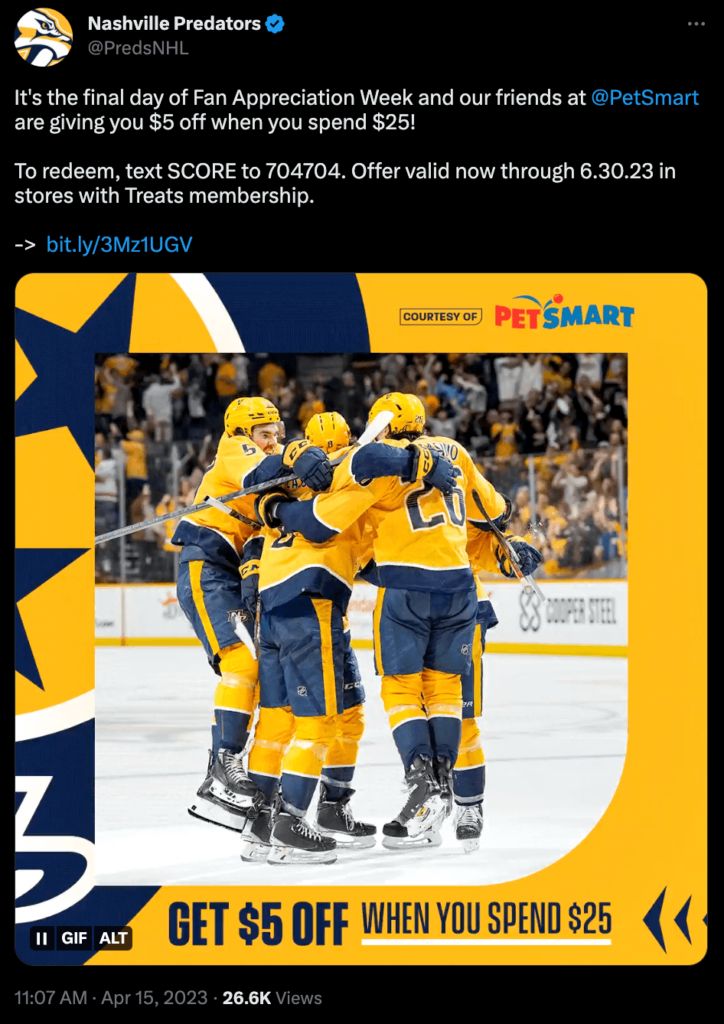 Tweet from the Nashville Predators hockey team advertising a mobile coupon from PetSmart