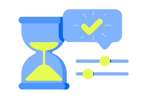 An hourglass icon with a check mark in a message bubble next to it, alongside moving dots, representing the quick and reliable setup of a bulk SMS campaign.