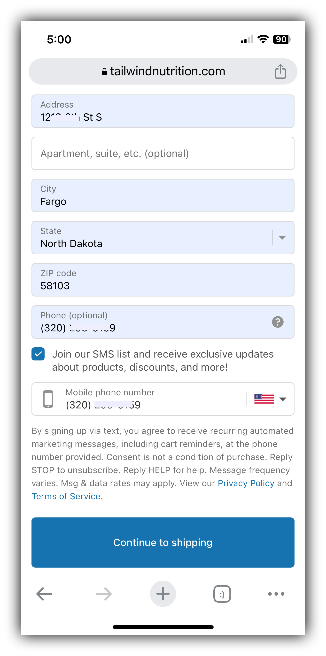 Tailwind Nutritions checkout process asks for express written consent to send customers text messages
