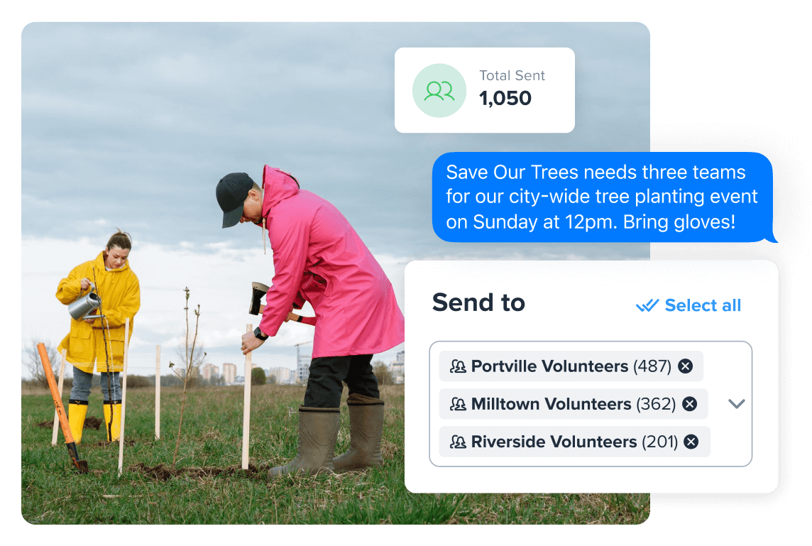 Two volunteers plant trees with a text bubble that reads, 'Save Our Trees needs three teams for our city-wide planting event on Sunday at 12pm. Bring gloves!'