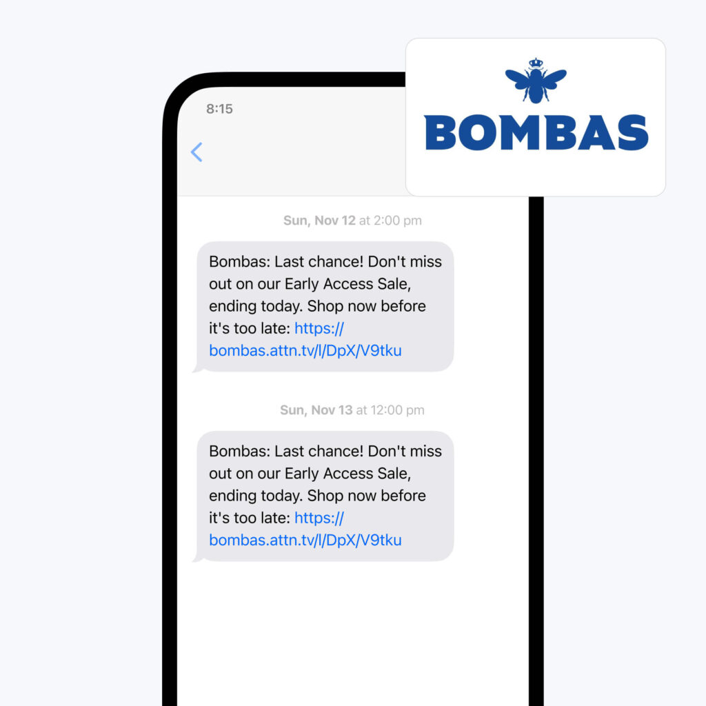 Text message from Bombas offering early access to a sale