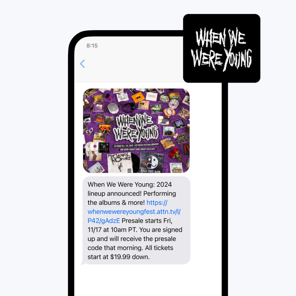 Pre-sale promo text message from When We Were Young band