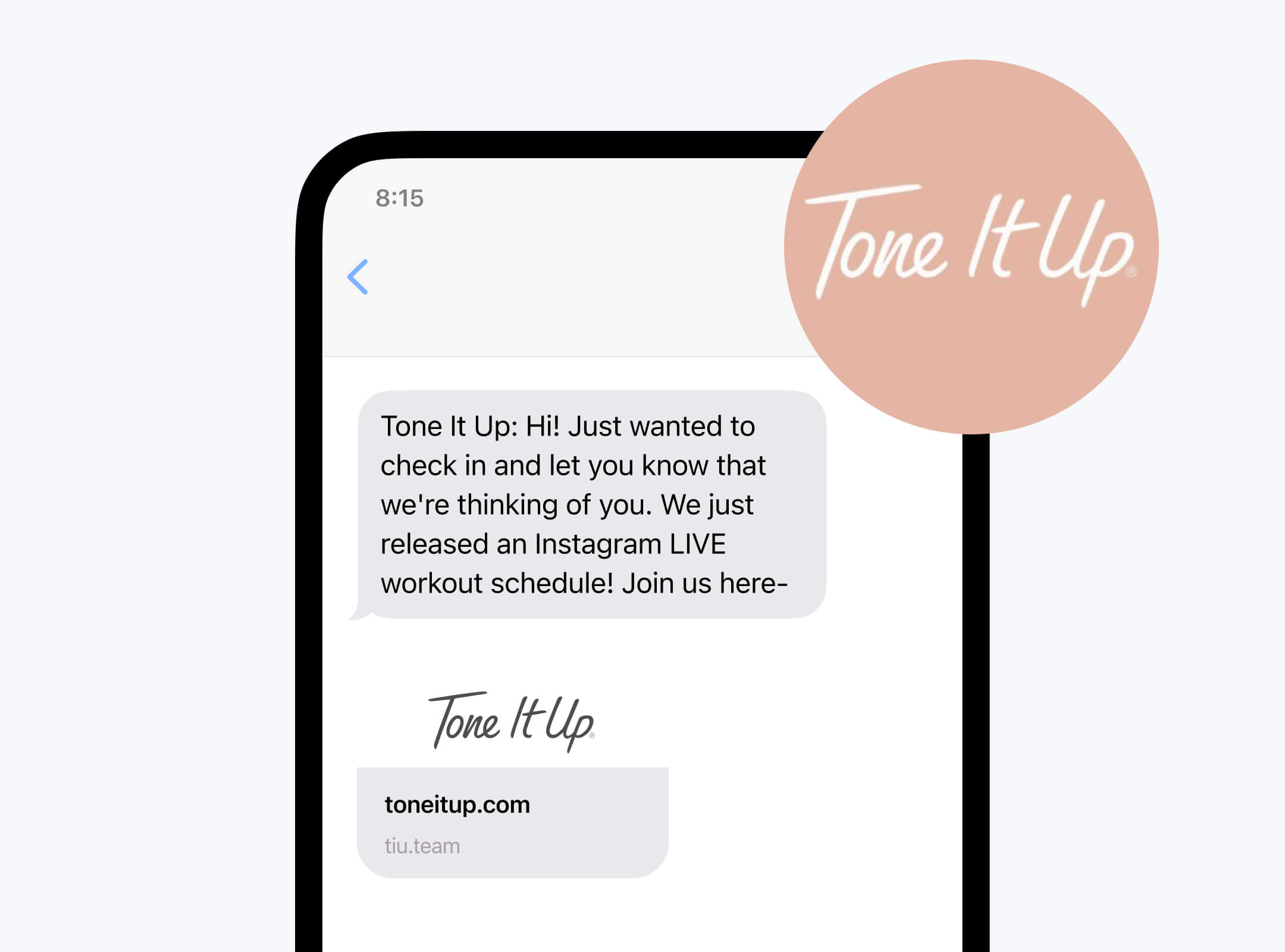 Text message from Tone It Up inviting recipient to Instagram Live workout event