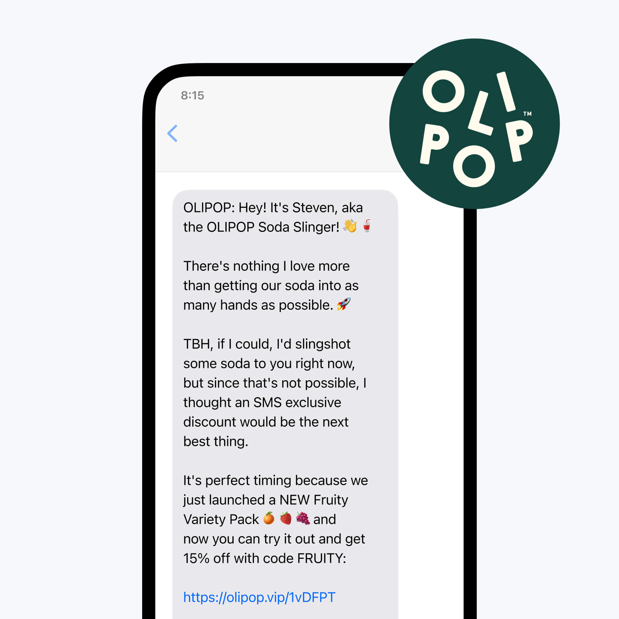 Promotional text message example from Olipop with a new product announcement