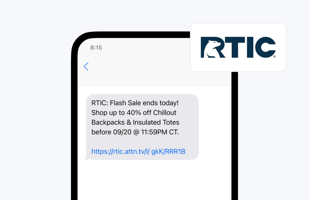 Promotional text message example from Rtic about a flash sale on backpacks and totes