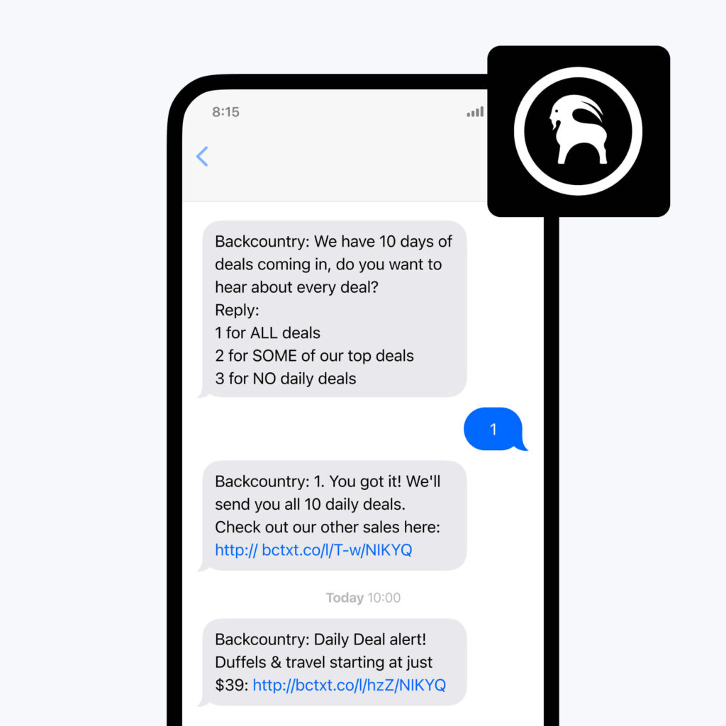 Promotional text message example from Backcountry with a daily deal promo