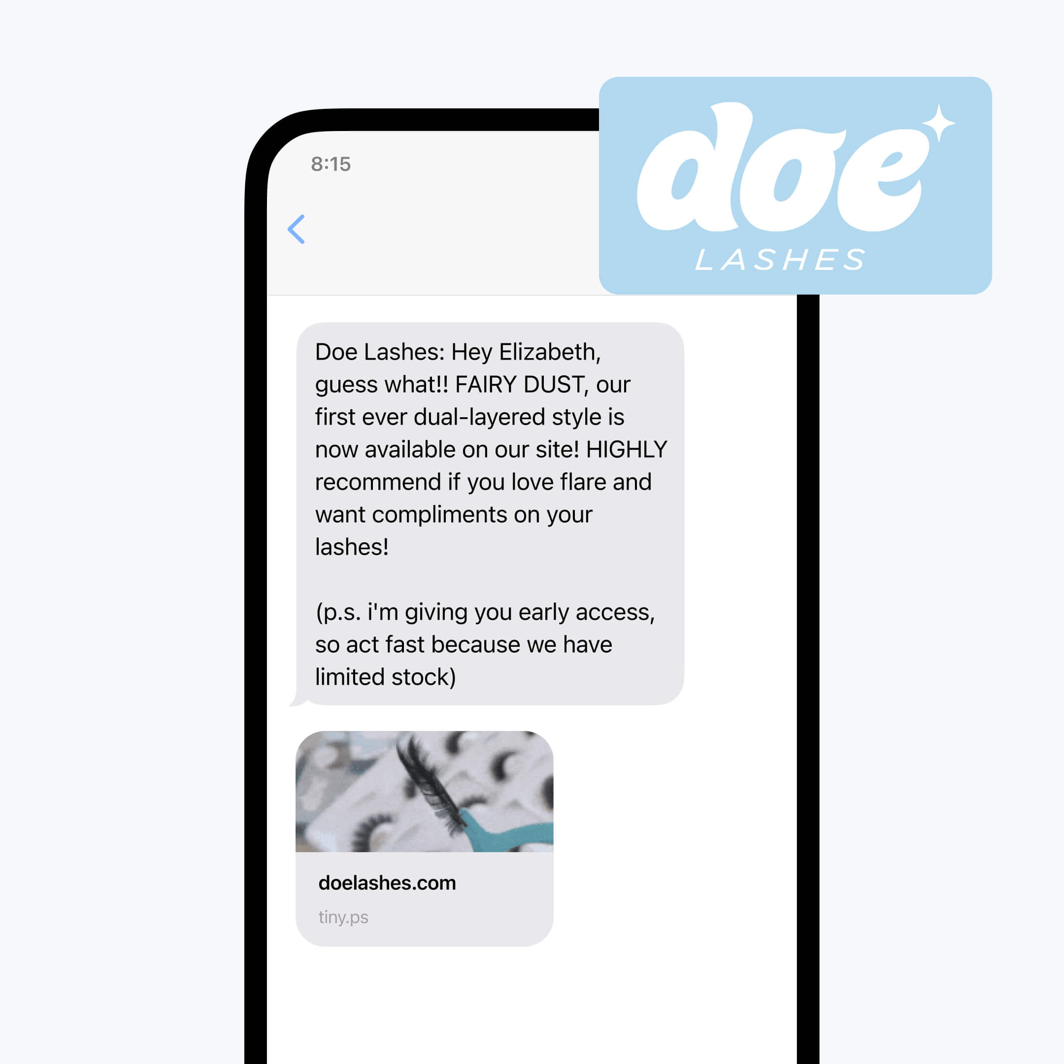 Early access offer promotional text message example from Doe Lashes