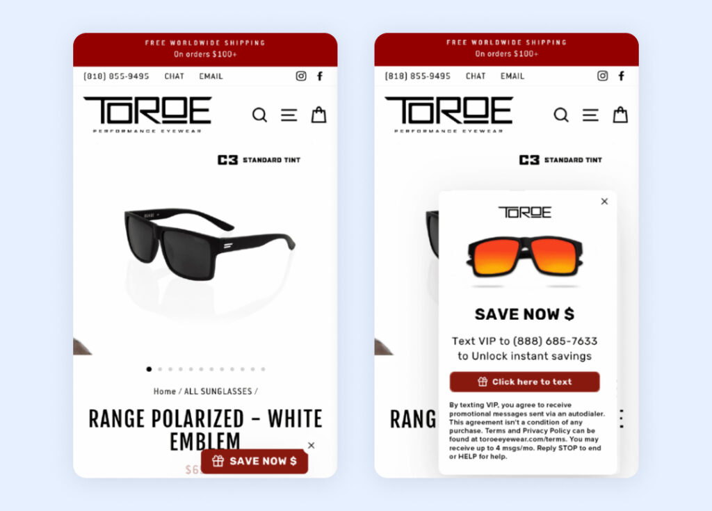 Screenshots of a pop-up on a mobile website for TOROE eyewear offering savings through a text message link, encouraging users to text 'VIP' to a provided number for instant discounts.