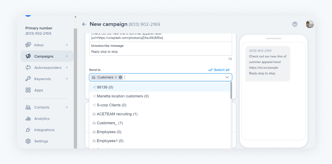 Selecting your desired contact list when making a campaign