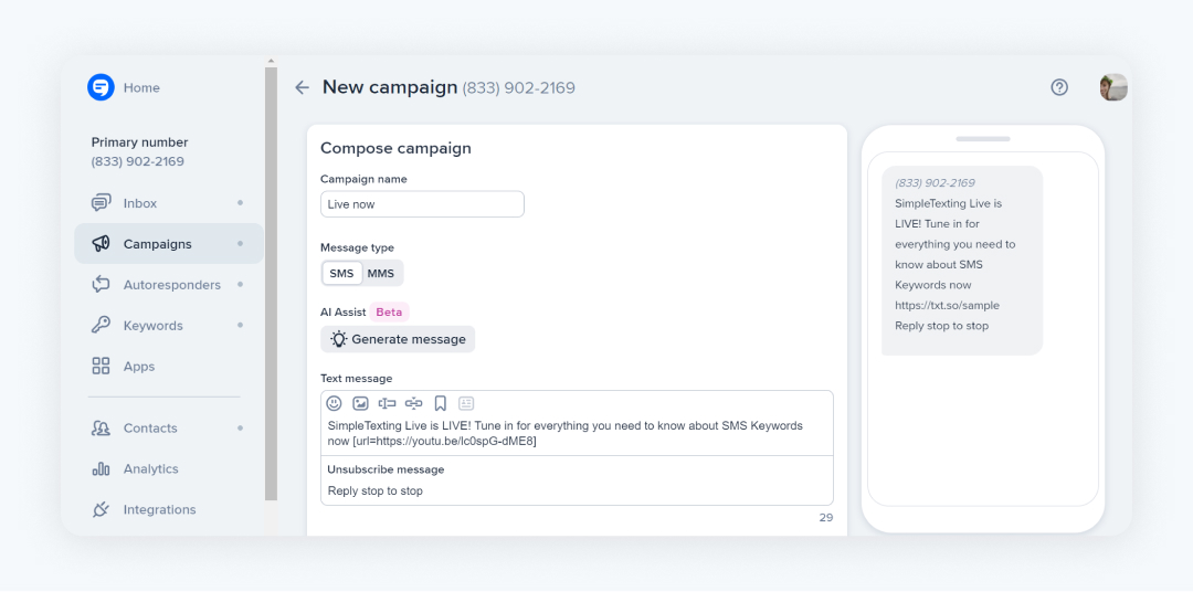 A new campaign setup in SimpleTexting