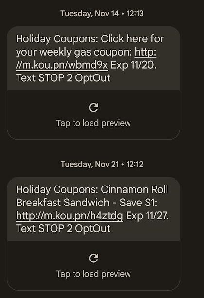 Two promotional text messages from Holiday Stationstores, with one promoting a weekly gas coupon, and another promoting a $1 discount on a cinnamon roll breakfast sandwich.