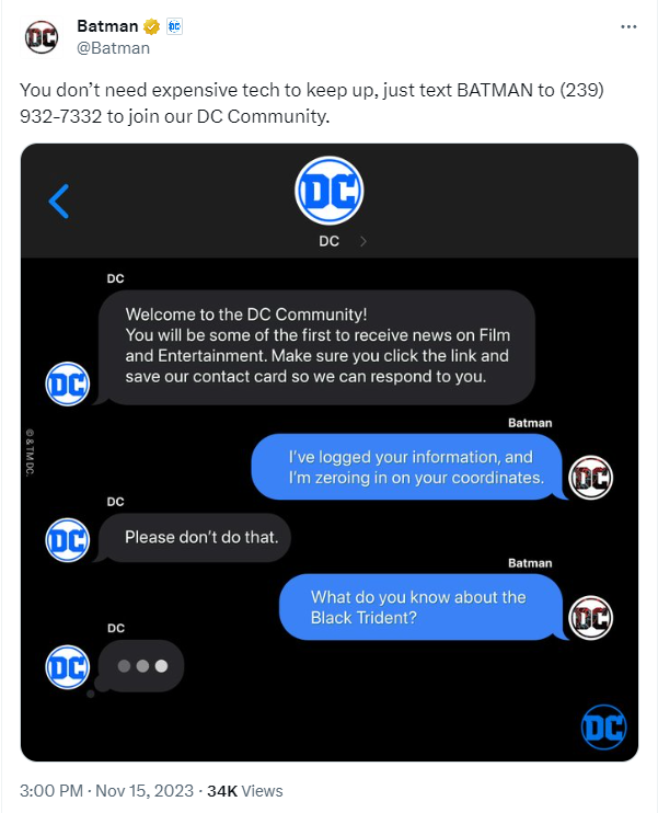 A tweet from the official Batman Twitter page sharing the keyword and number for the DC Community texting list that includes a picture of a text conversation between DC Comics and Batman.