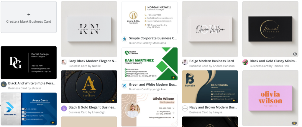 Business card designs from Canva