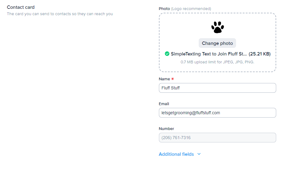 SimpleTexting’s contact card menu, featuring fields for a photo upload, your contact name, your email, your number, and additional contact information.