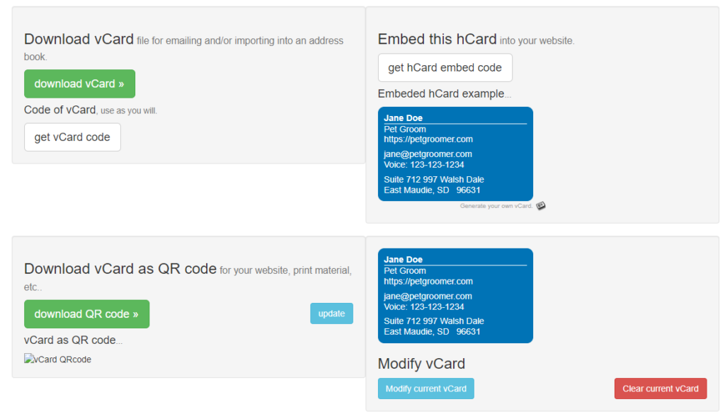 vCard formatting options in set up form on bvcard.com