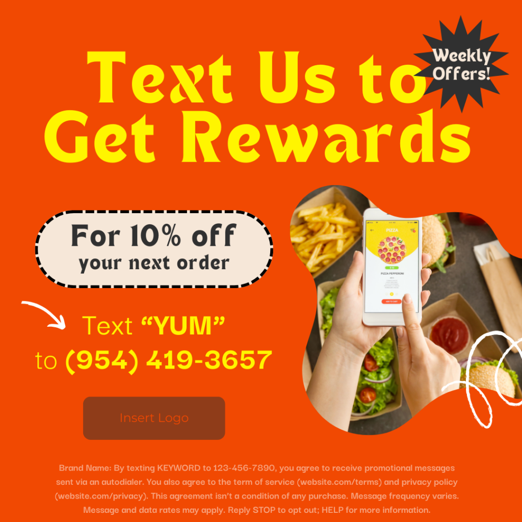 A social media ad reads, "Text us to get rewards" and includes a disclaimer to get express written consent.