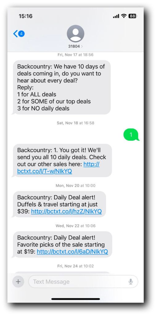 BackCountry's daily deal texts
