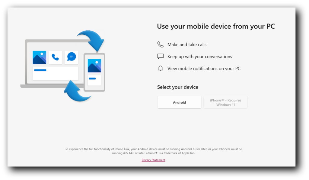 A screenshot of Microsoft Phone Link’s setup page that appears when you first open the app.