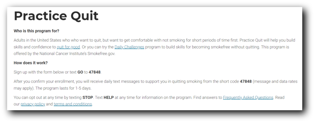 Smokefree.gov's opt-in page for Practice Quit's daily texts