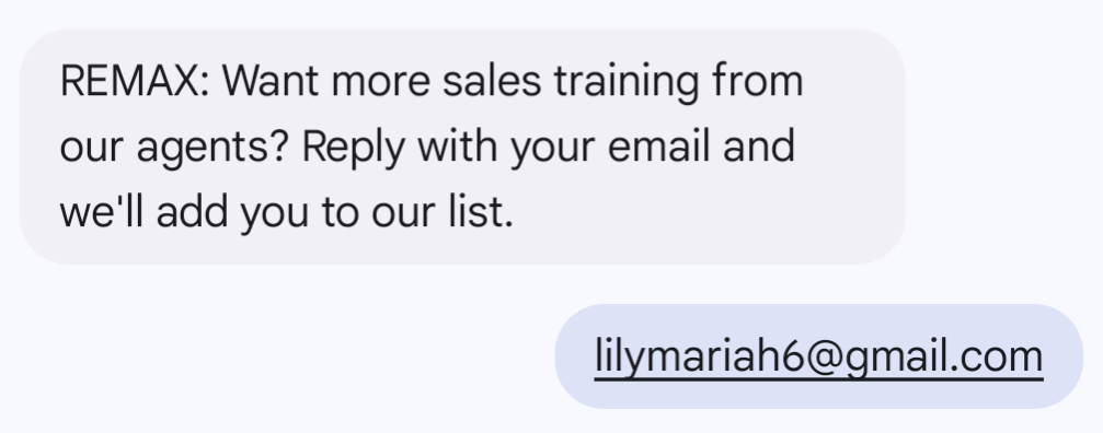 A text asking for further personalization information in the form of an email address