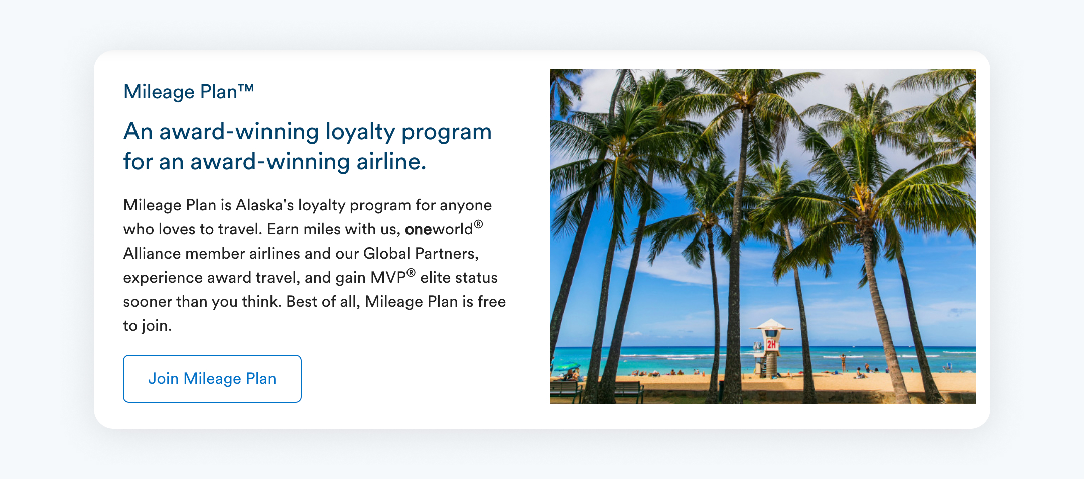 A promotional image for Alaska Airlines' Mileage Plan, showing a picturesque beach with palm trees and a clear sky. Accompanying text invites viewers to join the loyalty program, emphasizing the perks of travel and MVP elite status, indicative of the benefits offered through text subscription services.