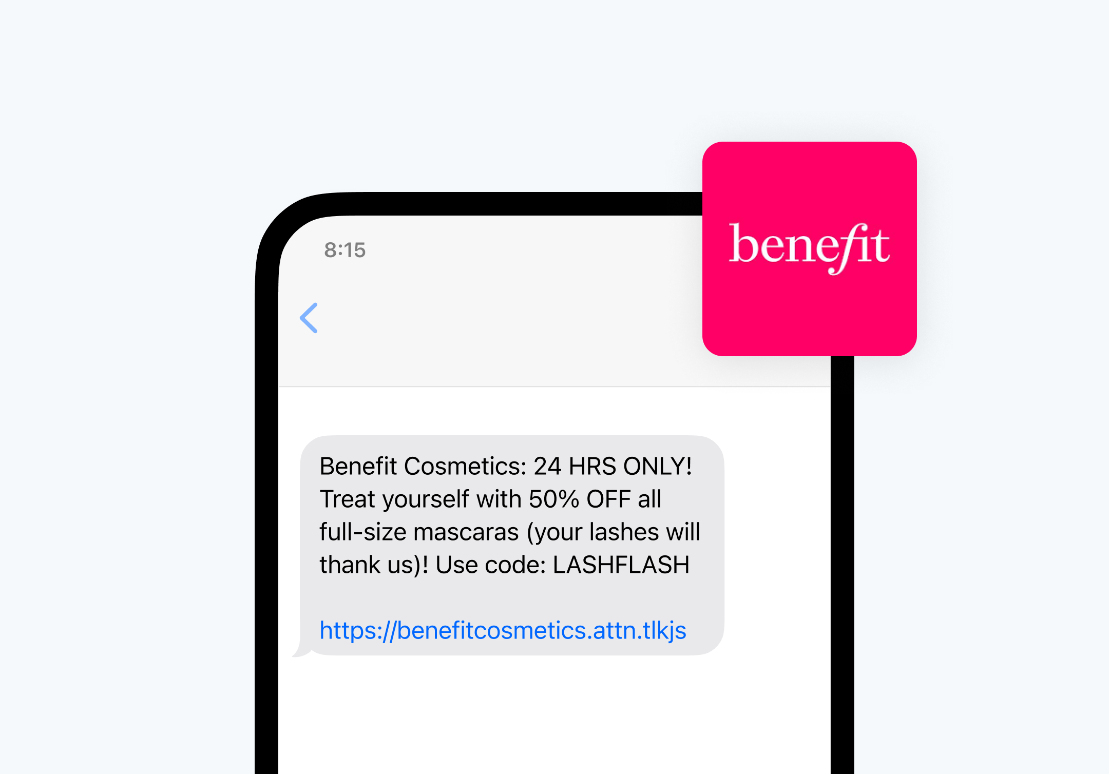 A promotional text message from Benefit Cosmetics on a smartphone screen, offering a 24-hour flash sale with 50% off all full-size mascaras, showcasing how text subscription services can be used for timely marketing and sales promotions.