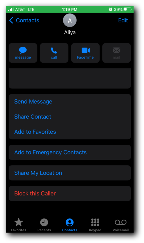The screen for blocking a text message on iOS