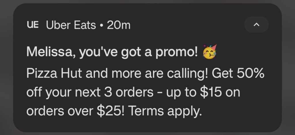 A push notification from Uber Eats
