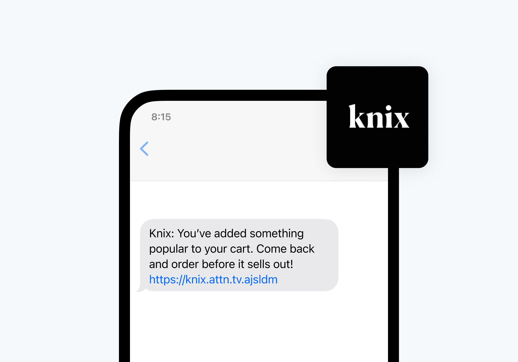 A notification of an abandoned cart on a smartphone text message from Knix, urging the recipient to complete their purchase of a popular item before it sells out, highlighting the use of text subscription services for e-commerce engagement.