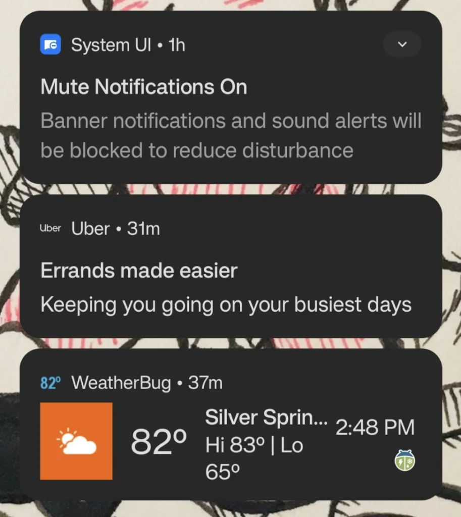 Push notifications from the system UI, Uber, and WeatherBug.